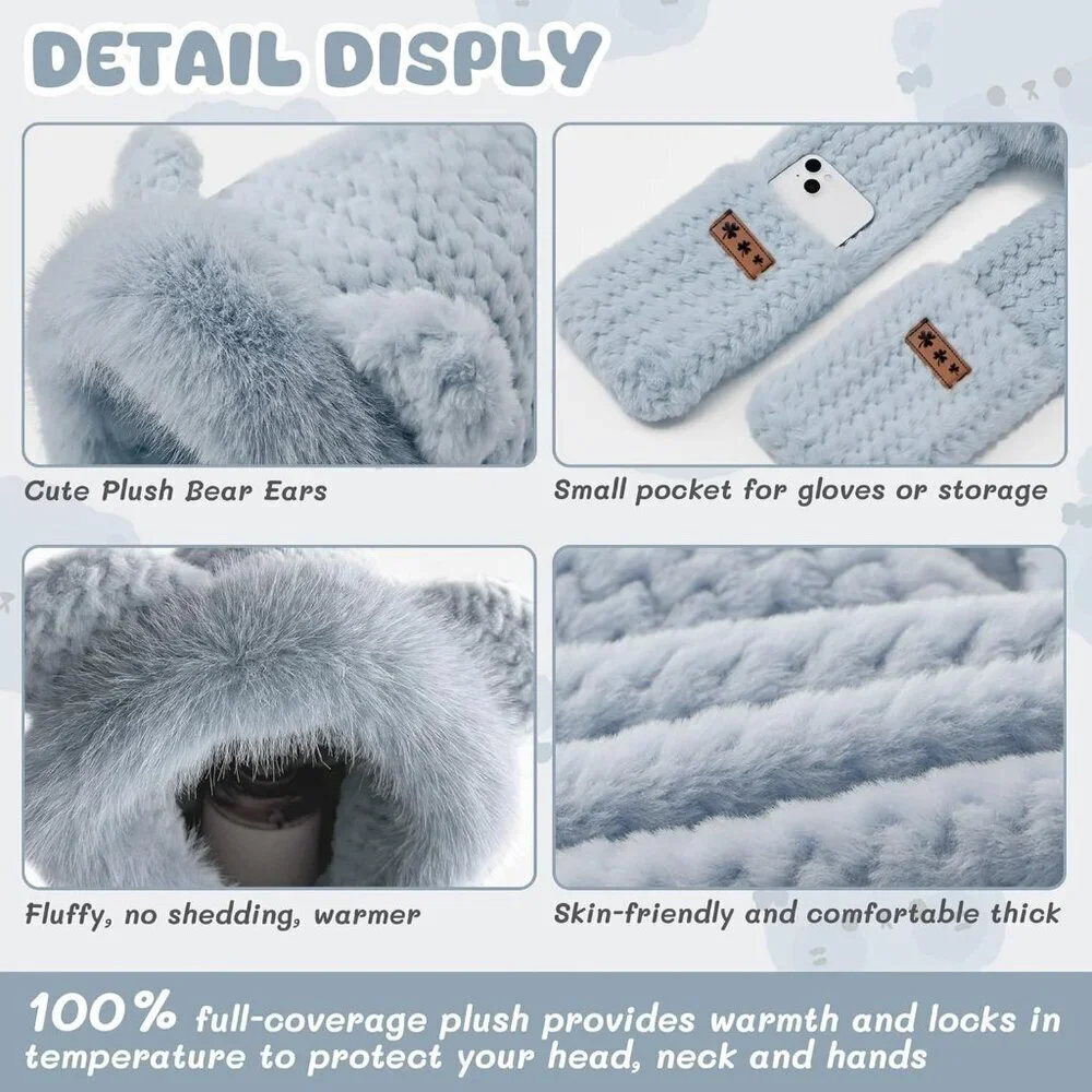 Women's Gray Hooded Scarf Cute Bear Ear Hat Faux Fur Gloves Set Soft